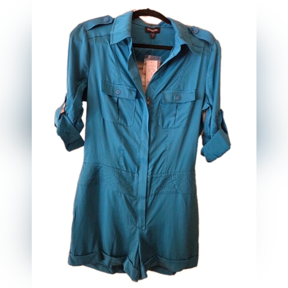bebe Utility Romper, Collared, Pockets, Zip Close, TEAL, Size S NWT